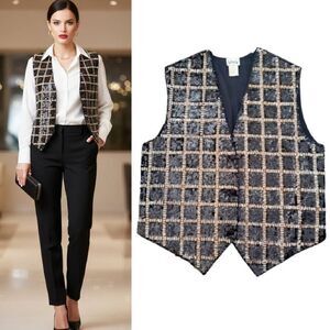 VTG 90s Black White Gold Sequins Beaded Checkered Formal Vest Medium